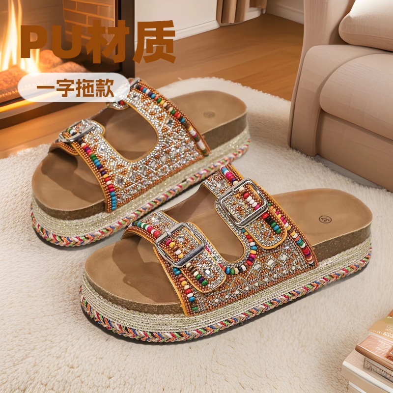 时尚高贵夏新款跨境外贸松糕厚底拼色水钻珠子双扣软木一字拖鞋大