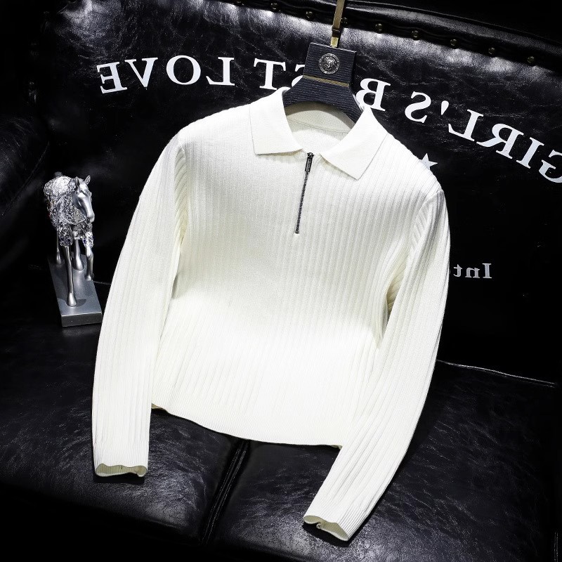 Hochwertiger Reverspullover mit Reißverschluss für Herren im Herbst und Winter im koreanischen Stil, trendiger gestreifter dicker warmer Pullover mit Polokragen für Herren_voghion.com