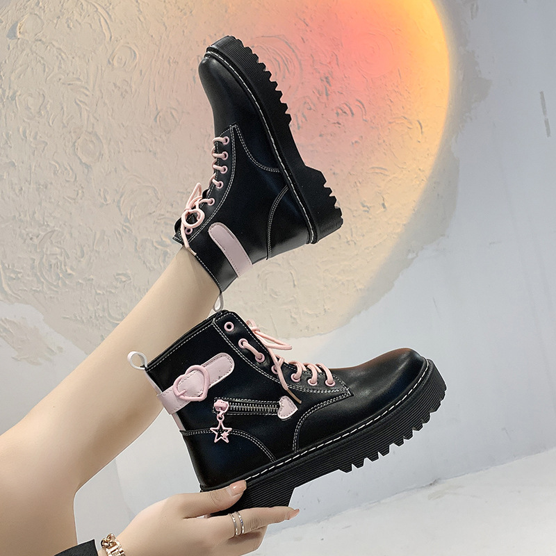 Botas de media pantorrilla para mujer, botas de moda con costuras y cordones delanteros de 4CM de suela gruesa para estudiantes, otoño 2023