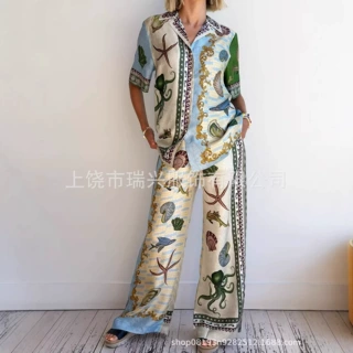 跨境新亚马逊速卖通休闲时尚百搭衣套装长袖长裤睡衣家居服