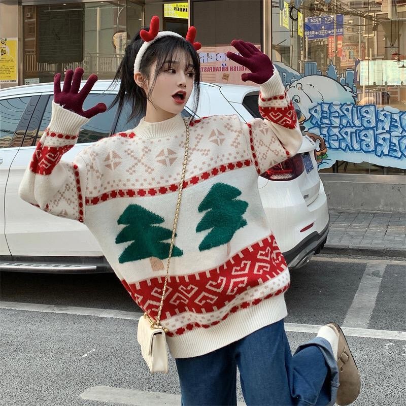 怠惰な風のクリスマス感のデザインの小さな丸首の女性の長袖の甘いニットのセーターはニットの上着を着ることができます。|undefined