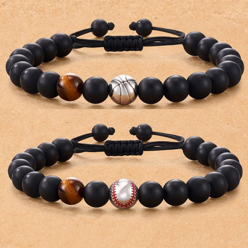 Cross-Border football beaded men's woven bracelet black frosted coach football bracelet Tiger Eye Stone baseball bracelet