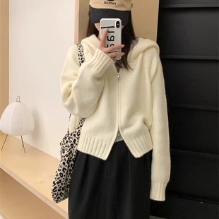 Hooded Knitted Cardigan Women's Autumn and Winter Lazy Style Double Zipper Loose Thickened Sweater Sweater Short Coat for Women
