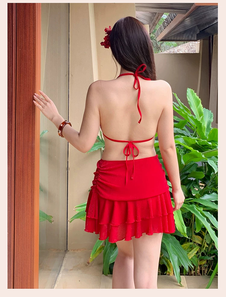 Plus-size Red Four-piece Bikini Set With Long Sleeve Sun Protection_voghion.com