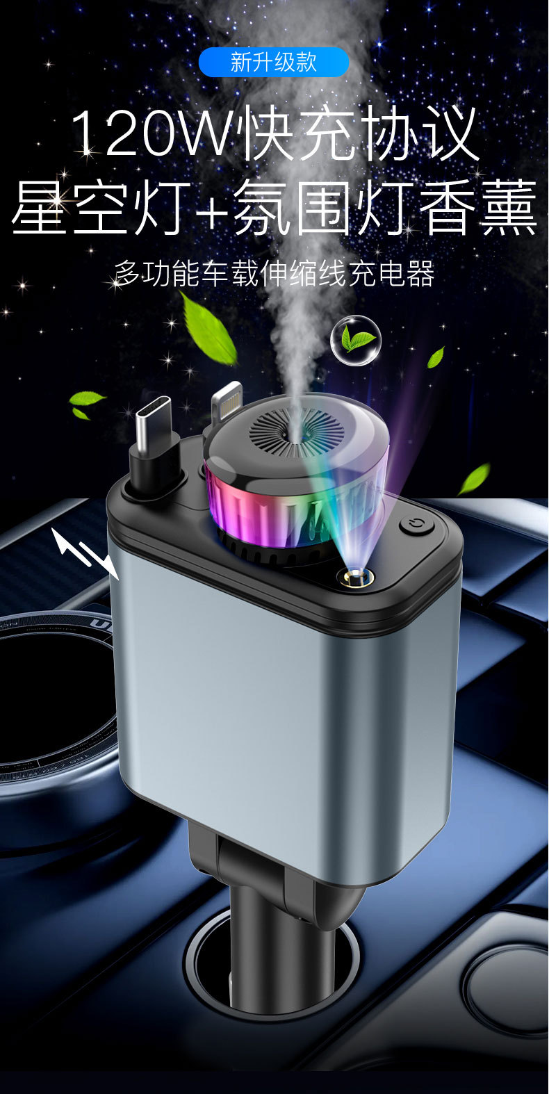 Car charger with starry sky ambient lighting, car Bluetooth super fast charging aromatherapy diffuser, adapter socket, 120W retractable cable