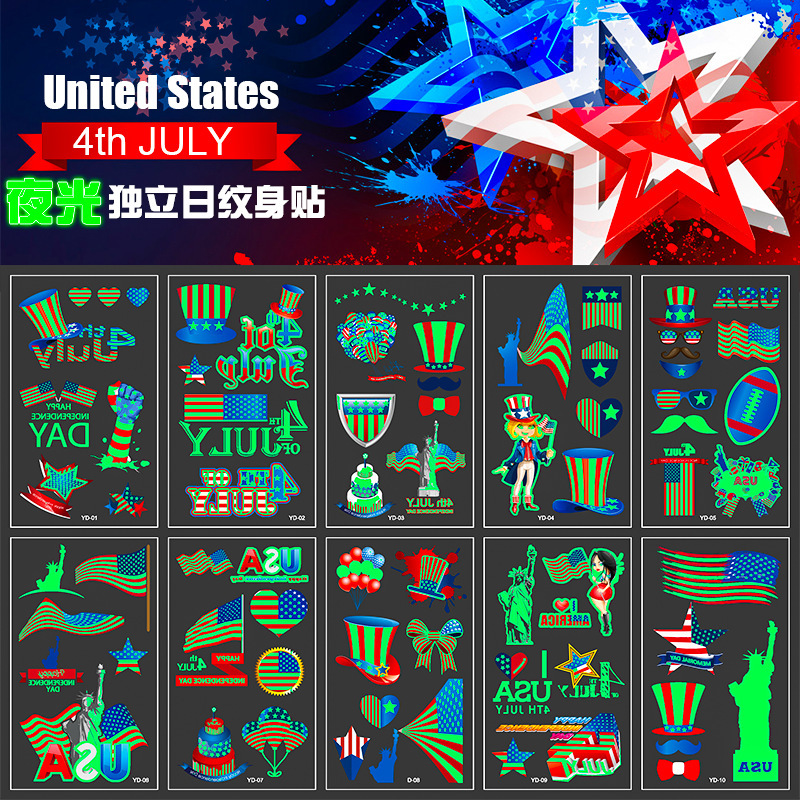 Cross-border US Independence Day Luminous Tattoo Disposable Face Sticker Waterproof Party Holiday Queue Tattoo Sticker