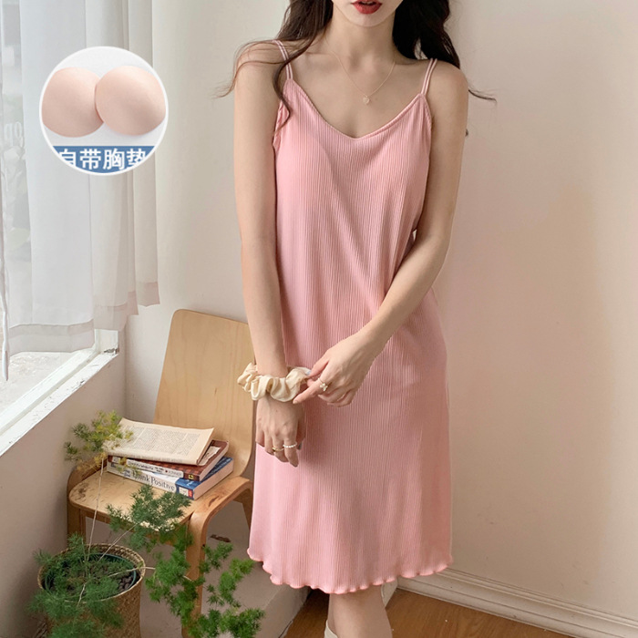 Pijamas de verano con almohadilla en el pecho sexy belleza volver Correa camisón las mujeres color sólido flojo dulce desgaste del hogar