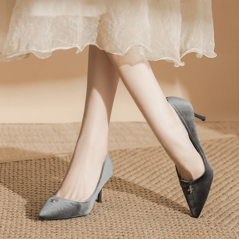 New Metal Cross Buckle Pointed Toe Pumps Women's Spring & Fall Elegant Velvet Professional Work Clothing Stiletto High Heels