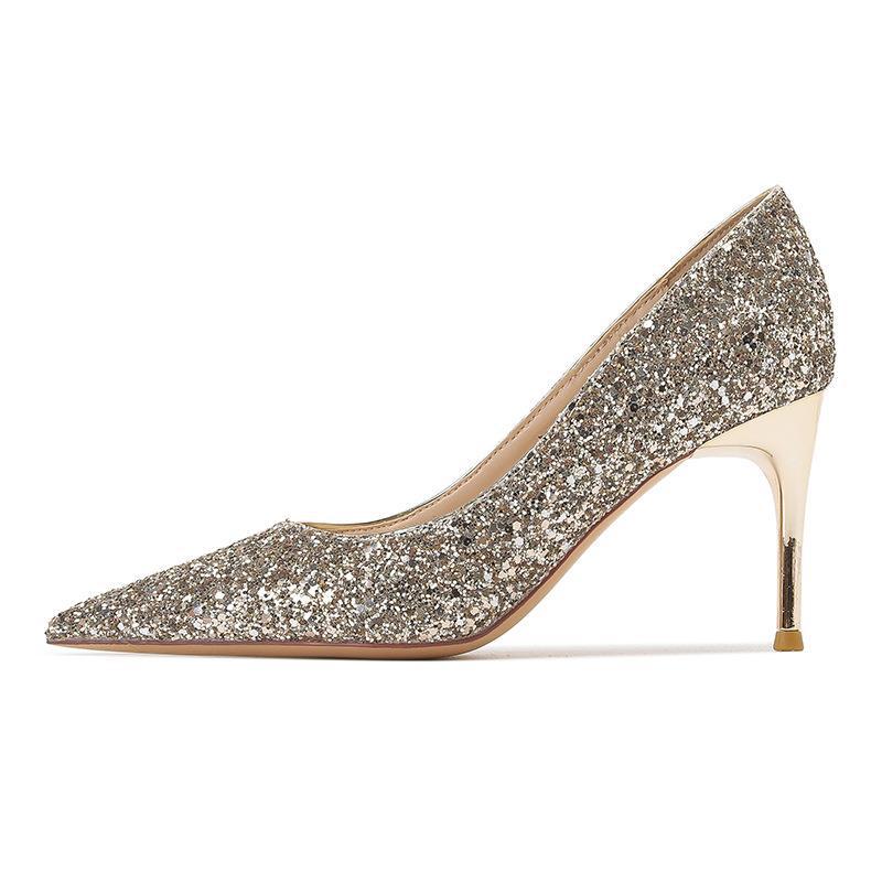 A133 scarpe da sposa con tacco sottile estivo in pelle a punta con paillettes dorate piccole e profumate scarpe da sposa da donna in stile francese_voghion.com
