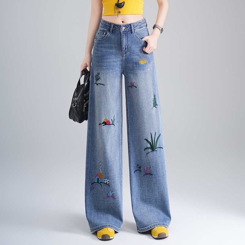 Light Luxury Wide-Leg Jeans for Women 2026 New High-Waisted Fashion Embroidered Straight-Leg Pants Versatile Slimming Long Pants for Women