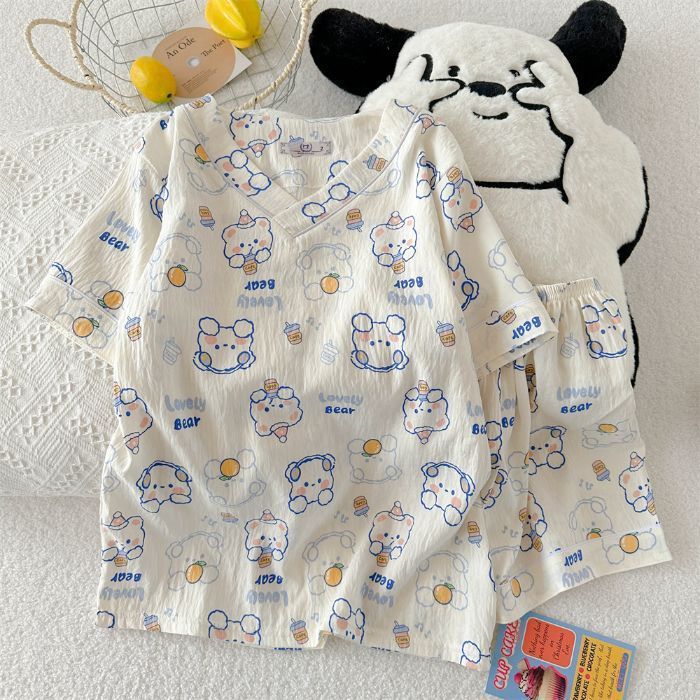 V ネック半袖ショーツパジャマ女性の夏のクラウドコットンかわいい KT 猫スーツカジュアル漫画ホーム服は屋外で着用できます|undefined