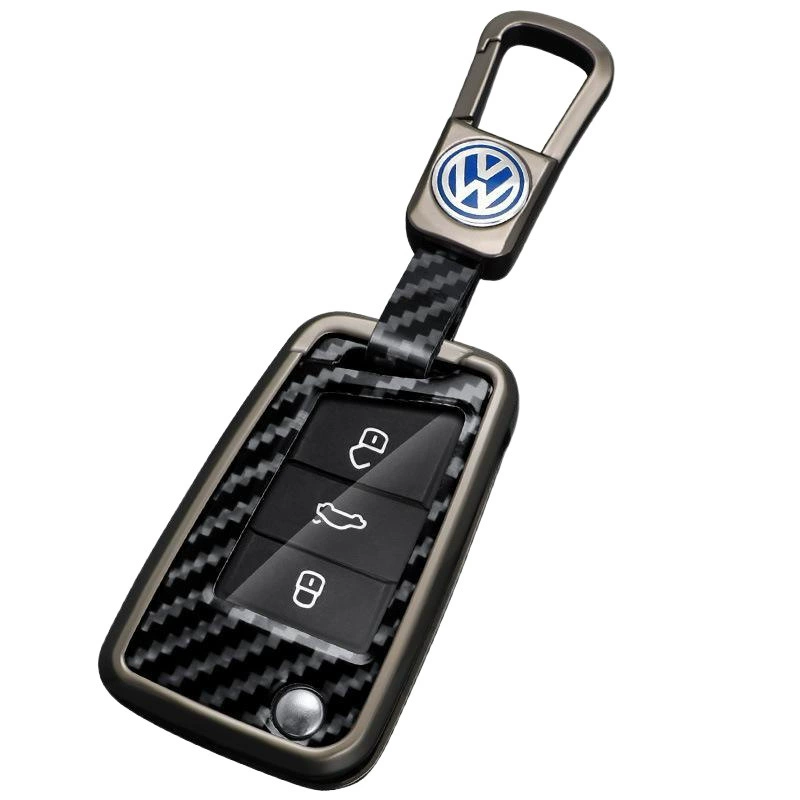 Чехол для ключа (Volkswagen) металлический с карбоновым узором, полный охват кнопок, с пряжкой или шнурком