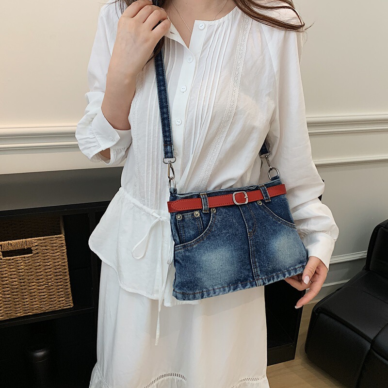 American Retro Denim Bag with Belt and Shorts Style, Single Shoulder Crossbody Bag for Women, Unique Designer Style Bag
