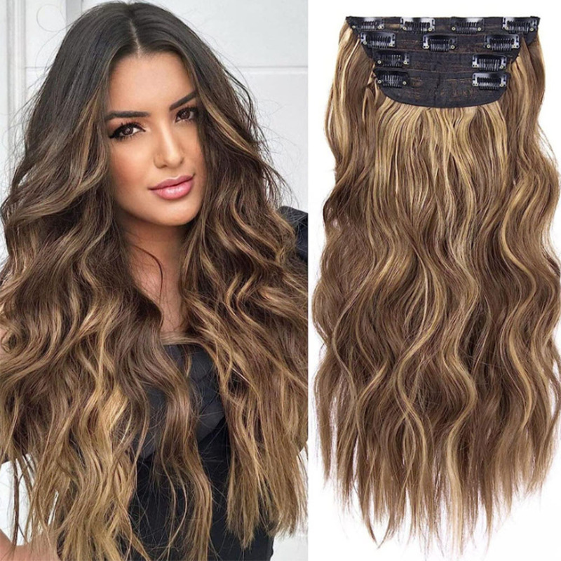 Cross-Border Export European and American Wig Women's Long Curly Hair Volume-Increasing Water Ripple Four-Piece Set Clip Hair Bb Clip Hair Extensions