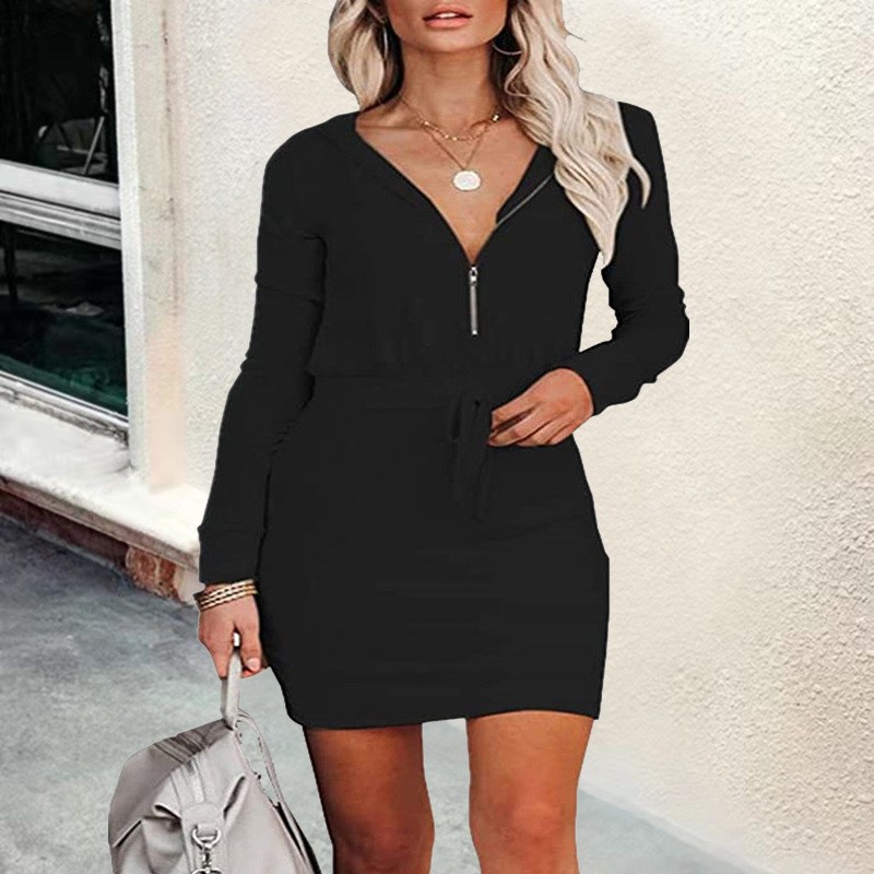 Women's Trendy Solid Color Dress Zip Front Long Sleeve Hoodie Style Waist‑Cinched Casual Daily Wear_ecoleips.com