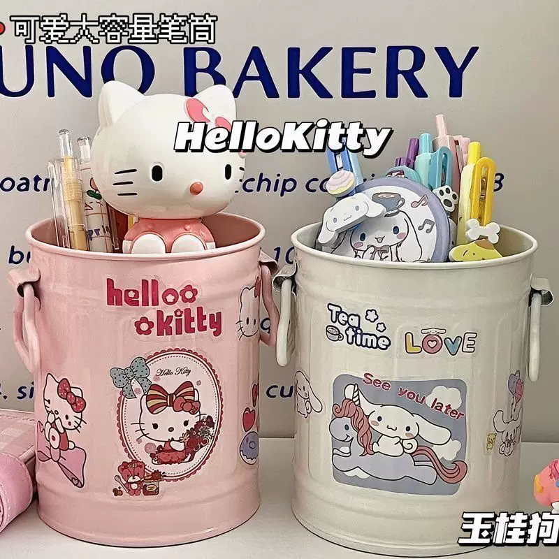 Настольный держатель для ручек (Sanrio) — большое многофункциональное металлическое ведёрко, Hello Kitty и Cinnamoroll