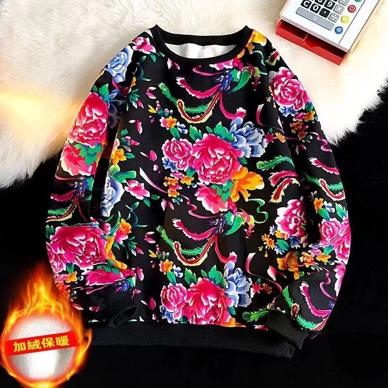 Hoodless Long-Sleeve Sweatshirt for Women, Large Floral Pattern, Autumn Performance Outfit, Annual Meeting Floral Sweatshirt, Company Red Floral Design Hoodless Long-Sleeve Sweatshirt for Women, Large Floral Pattern, Autumn Performance Outfit, Annual Meeting Floral Sweatshirt, Company Red Floral Design