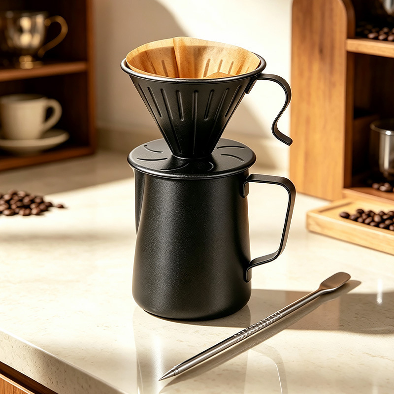 304 stainless steel pour-over coffee set, including a coffee filter cup, coffee cup, and a latte art needle for home use