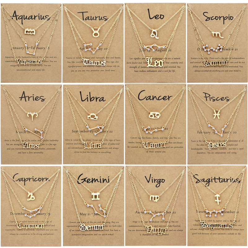 12 Zodiac Signs Necklace Set Ins Retro Letter Symbol Diamond Three-Piece Set Amazon Jewelry Set