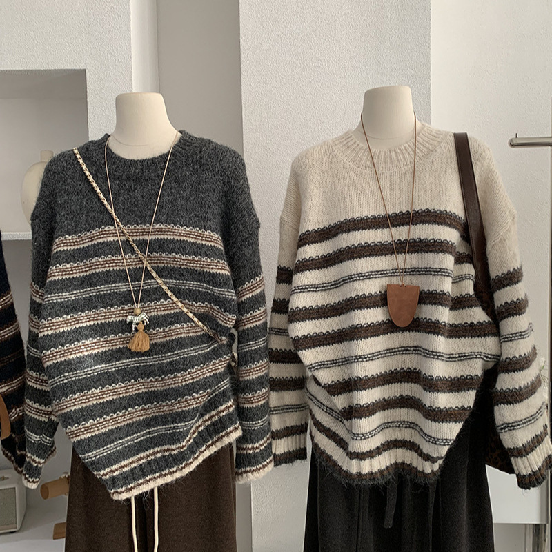 Omalai Contrast Color Striped Knitted Sweater Women's Autumn and Winter New Thickened Long Sleeve Round Neck Loose Top 5869