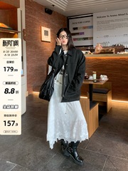 宋正恩白色不规则肌理感半身裙女秋季新款蕾丝花边设计宽松中裙子