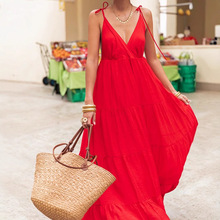 夏季新款时尚大码女装雪纺深V领露背吊带性感连衣裙晚礼服夏季