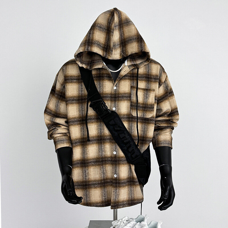 American Style High Street Plaid Hooded Shirt Men's 2025 Cyber Style Casual Top Loose All-match Couple's Jacket