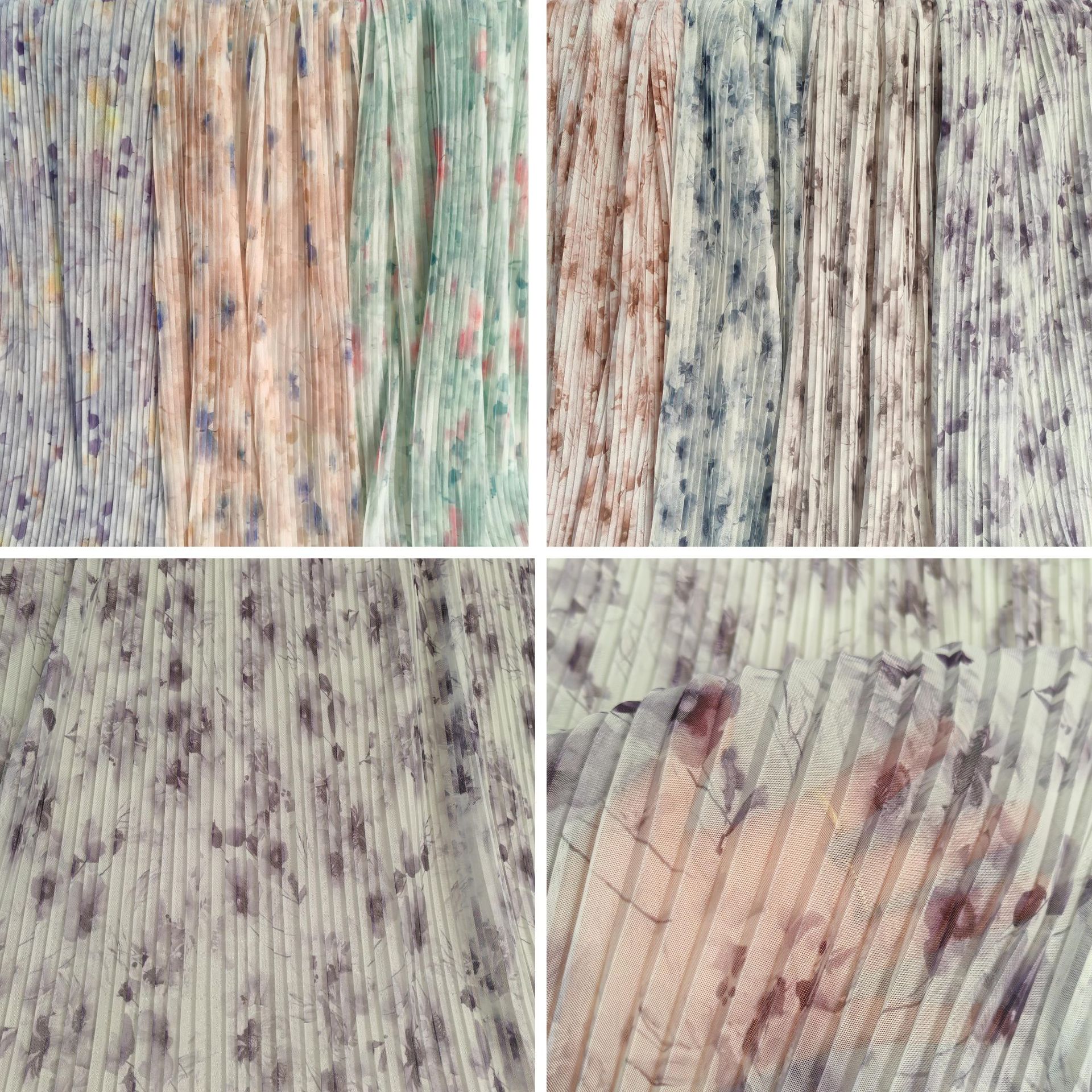 春夏热卖~高密度垂感好台湾涤网纱多色印花0.5排褶 裙装半裙面料