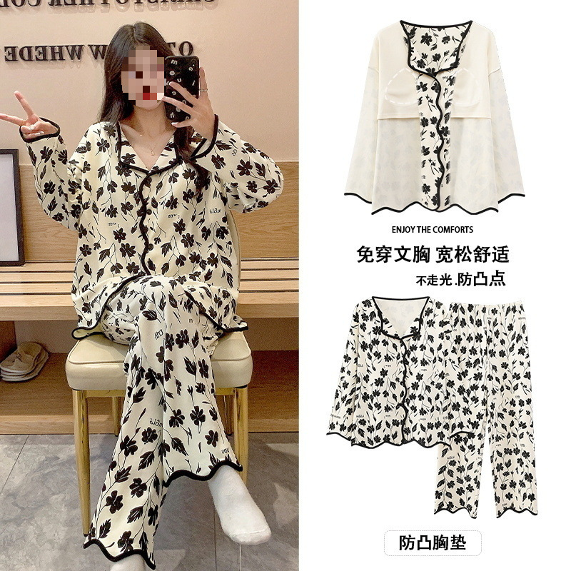 가슴 패드가 달린 100% 순수한면 새로운 잠옷 여성의 봄과 가을 카디건 작은 옷깃 바깥 옷을 입고 가을과 겨울 집 옷 세트