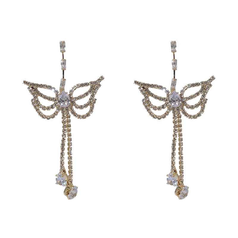 Crystal butterfly earrings, high-end tassel long earrings, Qingdao foreign trade ear accessories, European and American temperament, light luxury earrings