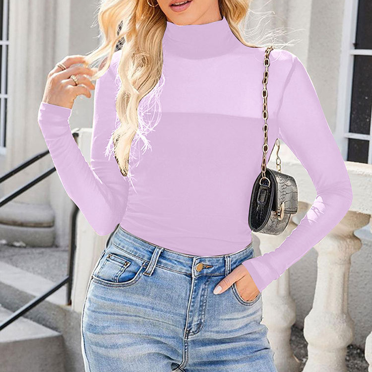Ae053 New European and American Cross-Border Women's Clothing Amazon Wish Aliexpress Casual Slim-Fit Pullover High-Neck Base T-Shirt