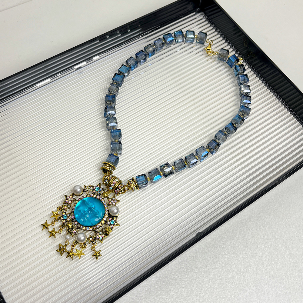 Sun, Moon Pattern Exaggerated Streetwear Sun Moon Artificial Crystal Alloy Beaded Chain Pendant Necklaces Wholesale