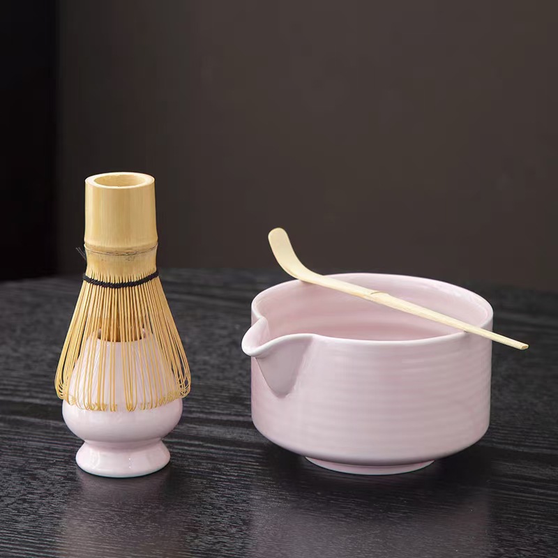 말차 세트 - 광택 있는 분홍색 가로 줄무늬 - 선물 상자