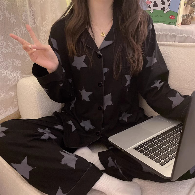 Simple Black Stars Cute Long-sleeved Pants Pajamas Women's Spring and Autumn Lapel Cardigan Cross-border Live Two-piece Set