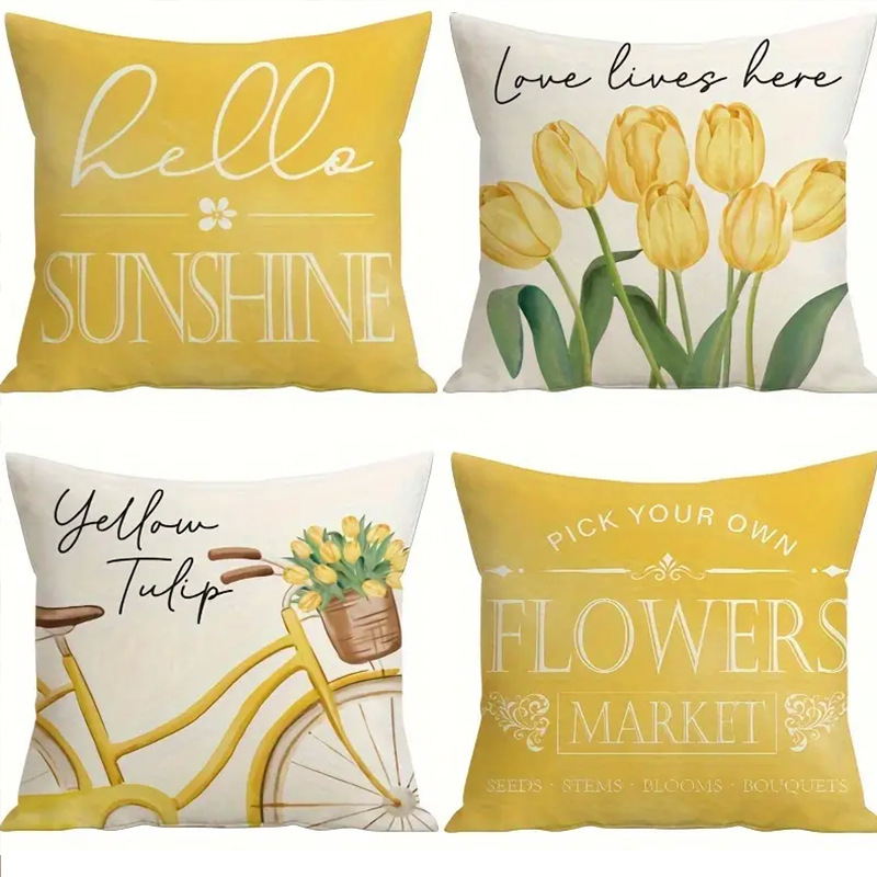 Cross-border Hot Selling Yellow Bicycle Tulip Pattern Pillow Case Living Room Bedroom Sofa Decorative Pillow Case_voghion.com