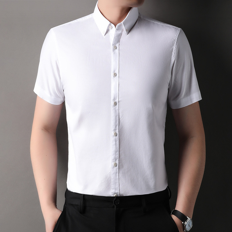 男士高档短袖衬衫夏季新款翻领纯色纯棉衬衣中青年休闲上衣爸爸装