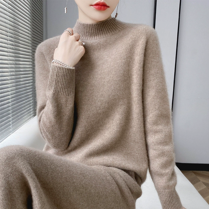 Демисезонный вязаный свитер, комфортный к телу шерстяной тёплый джинсы, высокий воротник
