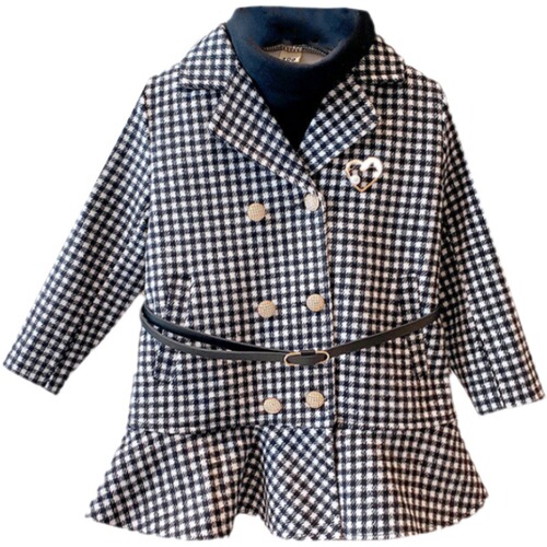 Girls' Houndstooth Plaid Western Style Waisted Thickened Woolen Coat  Autumn and Winter New Style Padded Girls Baby Coat