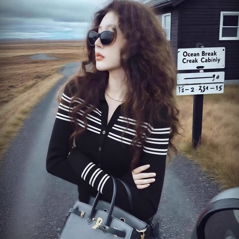 Black High-End Color-Block Striped Half-Open Collar Knit Sweater for Women, Spring Season, Plus Size, Elegant and Slimming Base Top Black High-End Color-Block Striped Half-Open Collar Knit Sweater for Women, Spring Season, Plus Size, Elegant and Slimming Base Top