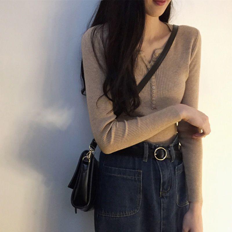 All-matching Autumn New breasted V-neck long-sleeved knitted bottoming shirt with Western style slim fit slimming collarbone women's clothing