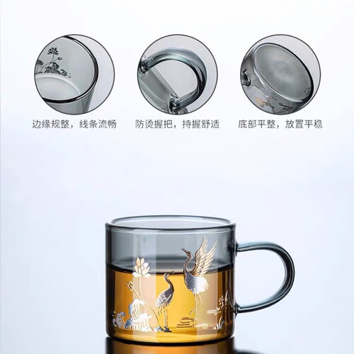 High borosilicate glass small tea cup for home reception and drinking, heat-resistant glass printed tea cup, kung fu tea set accessories