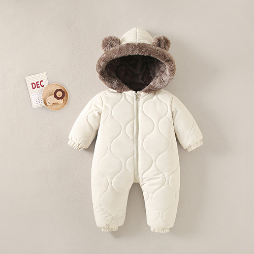 Children's Down Jacket for Newborns and Infants with Ear Design, Fleece Lined, Thicker Bodysuit, Climbing Suit