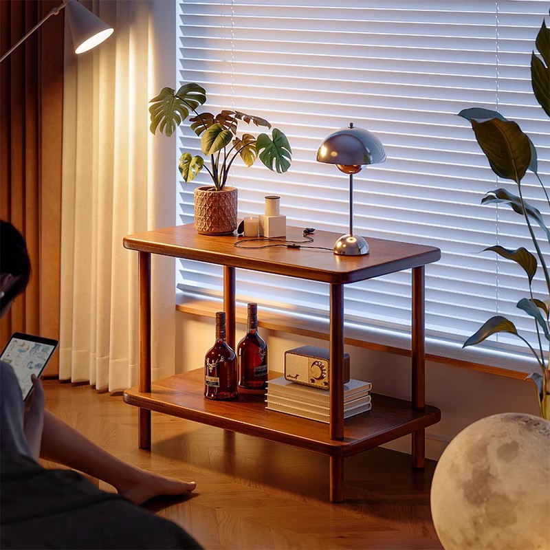 Sofá de madera maciza mesa lateral sala de estar mesa de centro pequeña de doble capa hogar simple moderno estante de apartamento pequeño mesa pequeña simple