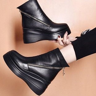 Wedge Women's Boots Cross-border Autumn and Winter New European and American Style Slant Zipper Waterproof Platform Thick Bottom Platform with Round Toe Short Boots Leather Boots