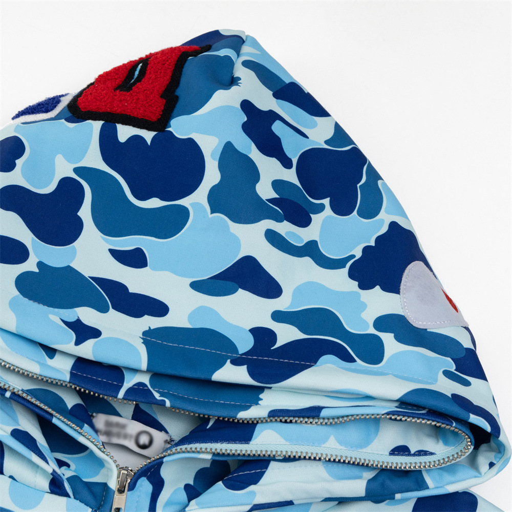 Sweat-shirt à capuche zippé style requin pour homme, style streetwear, camouflage, double capuche, broderie de lettres, veste décontractée_voghion.com
