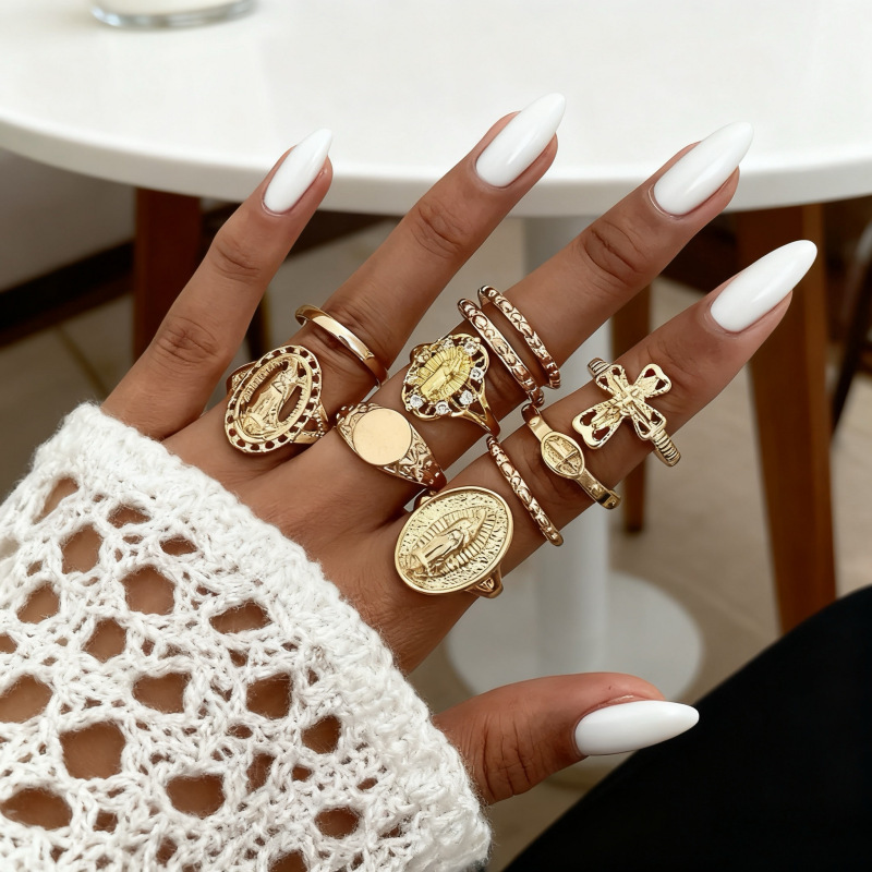 European and American Cross-Border Hot-Selling Hand Jewelry Metal Diamond Portrait Ring Fashion Retro Joint Ring Women's Popular Jewelry