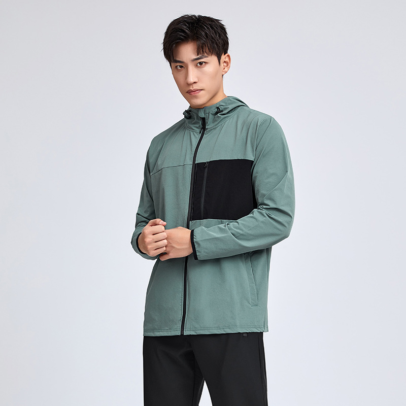 Otoño de los hombres chaqueta con capucha deportes de secado rápido corriendo cremallera cortavientos nylon estiramiento de cuatro lados más el tamaño en stock al por mayor