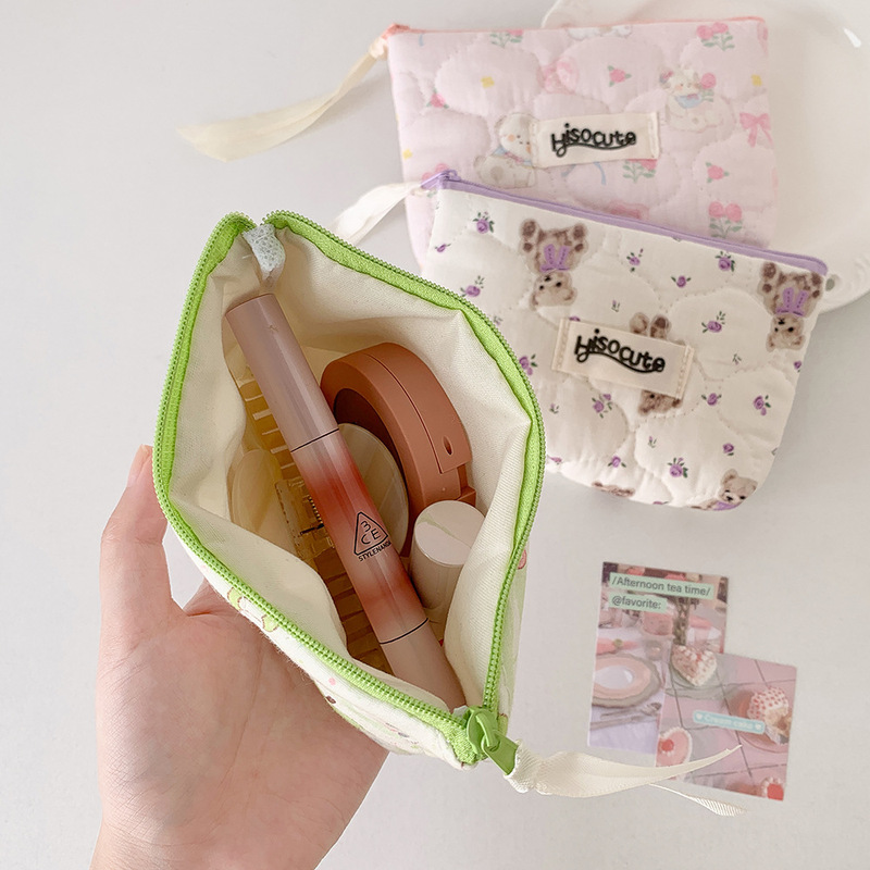 ins 漫画クマキルト収納袋かわいいミニ口紅バッグ Bluetooth ヘッドセット収納袋ポータブル小銭入れ|undefined