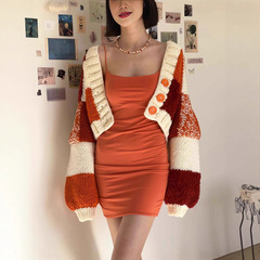 欧美时尚2025秋冬新款跨境撞色泡泡袖重手工百搭开衫毛衣女短款