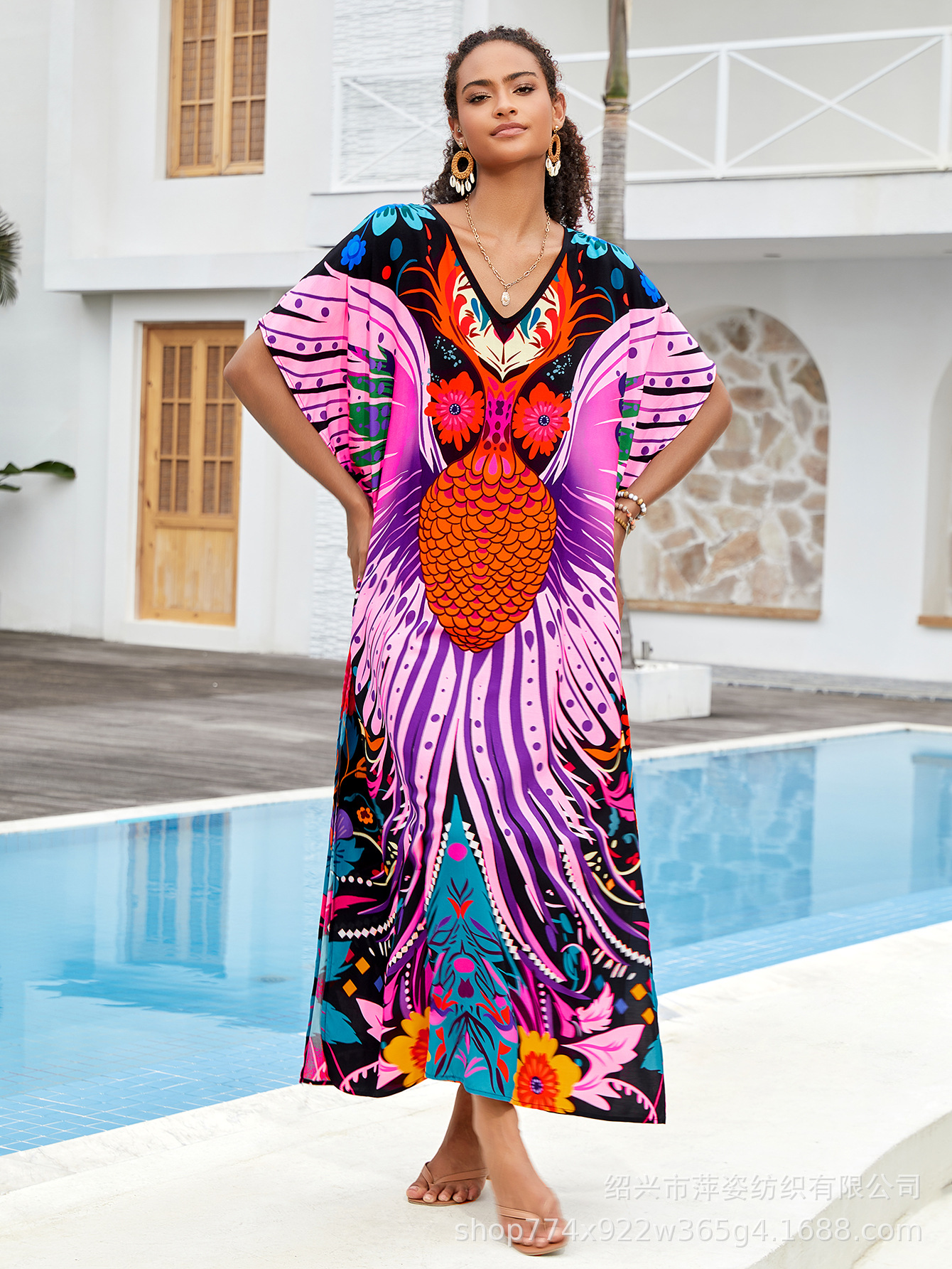 Camiseta de playa algodón impresa bohemia vestido vestido bat-mangas túnica bañador abrigo AT621